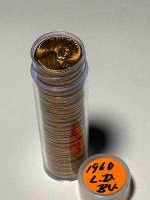 1960-P LARGE DATE CHOICE BU RED LINCOLN CENT ROLL OF 50 COINS (ROLL #11). FREE DOMESTIC SHIPPING.