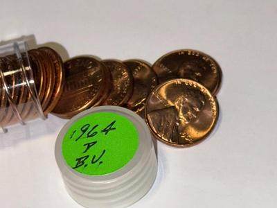 1964-P CHOICE BU RED LINCOLN CENT ROLL OF 50 COINS (ROLL #12). FREE DOMESTIC SHIPPING.