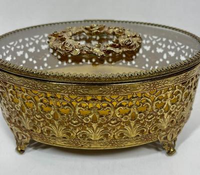 Oval Brass Glass Jewelry Box Gold Filigree