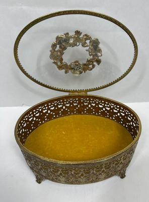 Oval Brass Glass Jewelry Box Gold Filigree