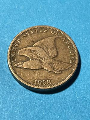 1858 SMALL LETTERS FINE+ CONDITION FLYING EAGLE CENT (OLDTIME SCRATCH TO THE RIGHT OF DATE) AS PIC'D.