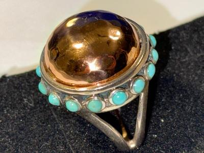 VINTAGE LARGE PREOWNED "BARSE" DESIGNER STERLING SILVER DOME TURQUOISE RING SIZE FULL 9.75 IN GOOD CONDITION AS PIC'D.