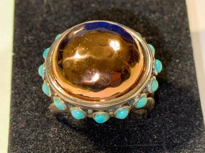 VINTAGE LARGE PREOWNED "BARSE" DESIGNER STERLING SILVER DOME TURQUOISE RING SIZE FULL 9.75 IN GOOD CONDITION AS PIC'D.