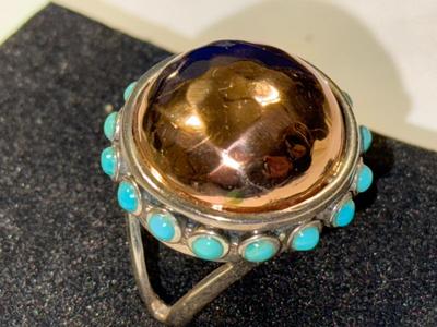 VINTAGE LARGE PREOWNED "BARSE" DESIGNER STERLING SILVER DOME TURQUOISE RING SIZE FULL 9.75 IN GOOD CONDITION AS PIC'D.