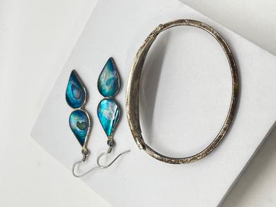 LOT 122J: Silver Bracelet + Earrings Marked Alpaca Mexico