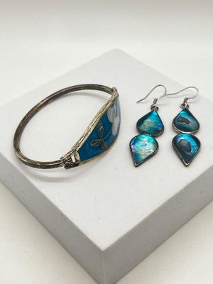 LOT 122J: Silver Bracelet + Earrings Marked Alpaca Mexico