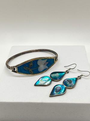 LOT 122J: Silver Bracelet + Earrings Marked Alpaca Mexico
