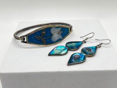 LOT 122J: Silver Bracelet + Earrings Marked Alpaca Mexico