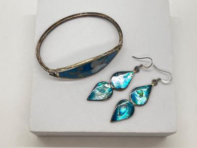 LOT 122J: Silver Bracelet + Earrings Marked Alpaca Mexico