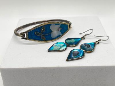 LOT 122J: Silver Bracelet + Earrings Marked Alpaca Mexico