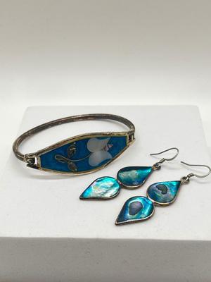 LOT 122J: Silver Bracelet + Earrings Marked Alpaca Mexico