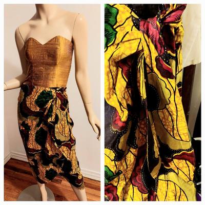 Vtg 60-70s Hawaiian Bark cloth skirt Shantung Bustier Ensemble