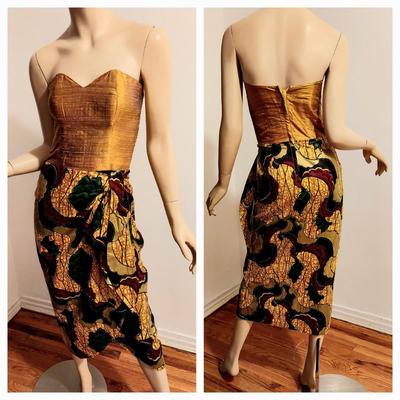 Vtg 60-70s Hawaiian Bark cloth skirt Shantung Bustier Ensemble