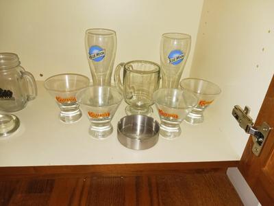 BLUE MOON BEER GLASSES, KAHLUA GLASSES, METAL ASHTRAY