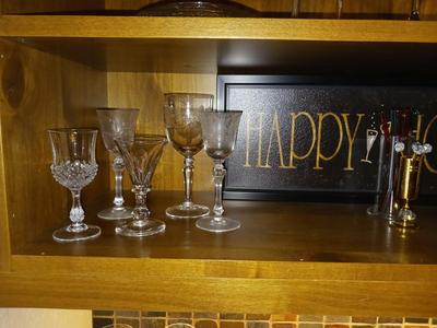 HAPPY HOUR SIGN, TWO TYPES OF STIR STICKS, VARIETY OF SHOT GLASSES