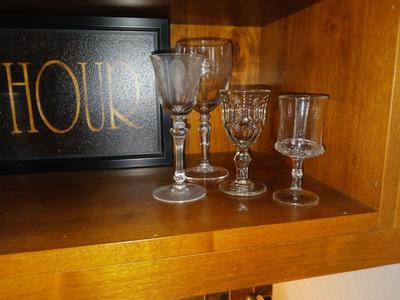HAPPY HOUR SIGN, TWO TYPES OF STIR STICKS, VARIETY OF SHOT GLASSES