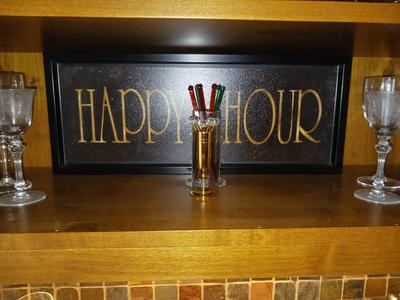 HAPPY HOUR SIGN, TWO TYPES OF STIR STICKS, VARIETY OF SHOT GLASSES