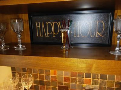 HAPPY HOUR SIGN, TWO TYPES OF STIR STICKS, VARIETY OF SHOT GLASSES