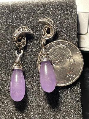 Vintage Scarce Chinese Export Lavender Jadeite Sterling Silver Marcasite Dangling Earrings in VG Preowned Condition. FREE DOMESTIC SHIPPING.