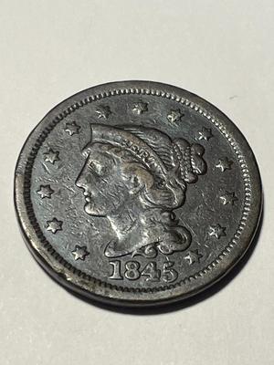 1845 HEAVILY CIRCULATED CONDITION U.S. LARGE CENT AS PICTURED. FREE DOMESTIC SHIPPING.