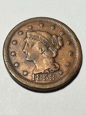 1853 HEAVILY CIRCULATED CONDITION U.S. LARGE CENT AS PICTURED. FREE DOMESTIC SHIPPING.