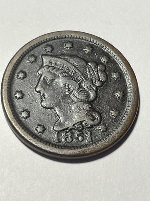 1851 HEAVILY CIRCULATED CONDITION U.S. LARGE CENT AS PICTURED. FREE DOMESTIC SHIPPING.