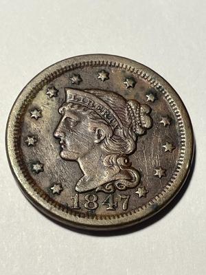 1847 HEAVILY CIRCULATED CONDITION U.S. LARGE CENT AS PICTURED. FREE DOMESTIC SHIPPING.
