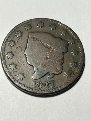 1827 HEAVILY CIRCULATED CONDITION U.S. LARGE CENT AS PICTURED. FREE DOMESTIC SHIPPING.