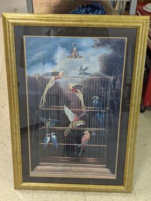 A Victorian Style Aviary Study With Nine Exotic Birds in a Single Cage Approx 27 3/4" x 39 3/4" By David Rollins