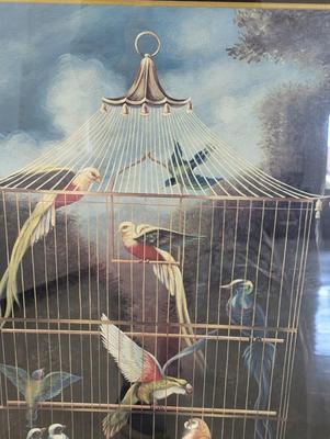 A Victorian Style Aviary Study With Nine Exotic Birds in a Single Cage Approx 27 3/4" x 39 3/4" By David Rollins