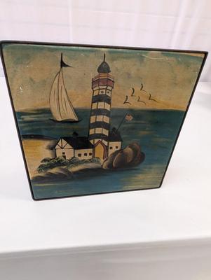 Painted Tile Lighthouse Ocean Scene Plant/Side Table