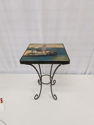 Painted Tile Lighthouse Ocean Scene Plant/Side Table