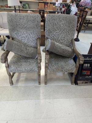 Carved Antique Lion's Head Arm Chairs With Pillows