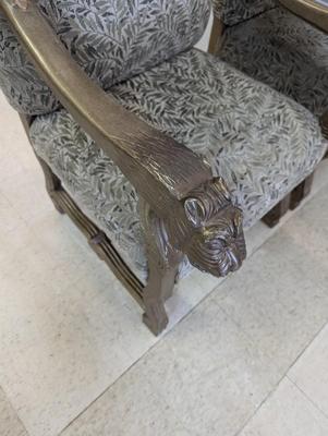 Carved Antique Lion's Head Arm Chairs With Pillows