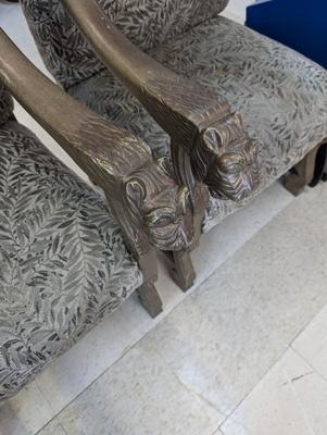 Carved Antique Lion's Head Arm Chairs With Pillows