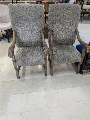 Carved Antique Lion's Head Arm Chairs With Pillows