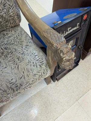 Carved Antique Lion's Head Arm Chairs With Pillows
