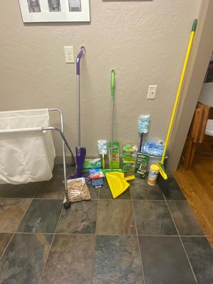 THREE BIN LAUNDRY HAMPER ON WHEELS ALL THE SWIFFERS YOU COULD NEED AND MORE