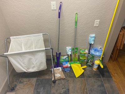THREE BIN LAUNDRY HAMPER ON WHEELS ALL THE SWIFFERS YOU COULD NEED AND MORE