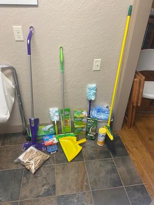 THREE BIN LAUNDRY HAMPER ON WHEELS ALL THE SWIFFERS YOU COULD NEED AND MORE
