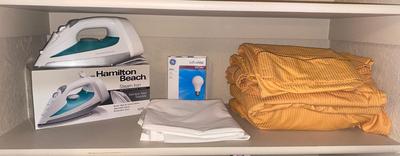 HAMILTON BEACH IRON, KING SHEETS, PILLOWCASE PROTECTORS, AND LIGHTBULBS