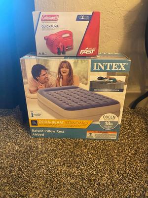 NEW INTEX 18” TALL QUEEN AIR MATTRESS AND COLEMAN ELECTRIC AIR PUMP