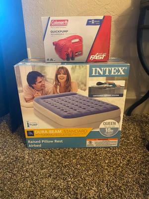 NEW INTEX 18” TALL QUEEN AIR MATTRESS AND COLEMAN ELECTRIC AIR PUMP