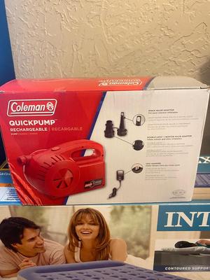 NEW INTEX 18” TALL QUEEN AIR MATTRESS AND COLEMAN ELECTRIC AIR PUMP