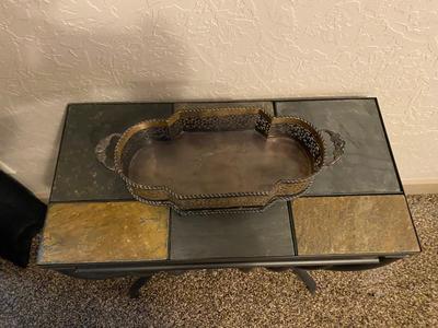 TILE TOP ACCENT TABLE AND. BRASS DISH