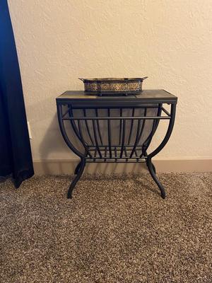 TILE TOP ACCENT TABLE AND. BRASS DISH