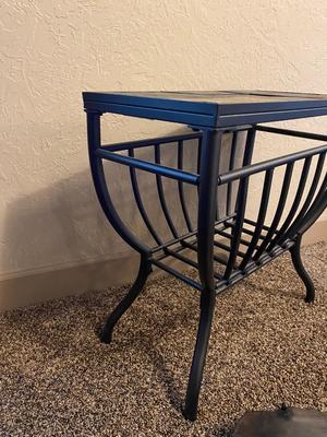 TILE TOP ACCENT TABLE AND. BRASS DISH