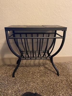 TILE TOP ACCENT TABLE AND. BRASS DISH