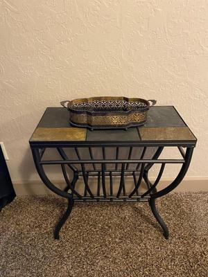 TILE TOP ACCENT TABLE AND. BRASS DISH