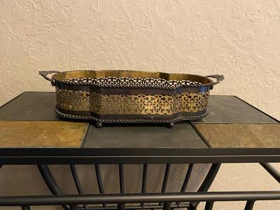 TILE TOP ACCENT TABLE AND. BRASS DISH